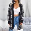 Women Autumn Winter Plaid Strap Lantern Sleeve Cardigan Knitted Sweater