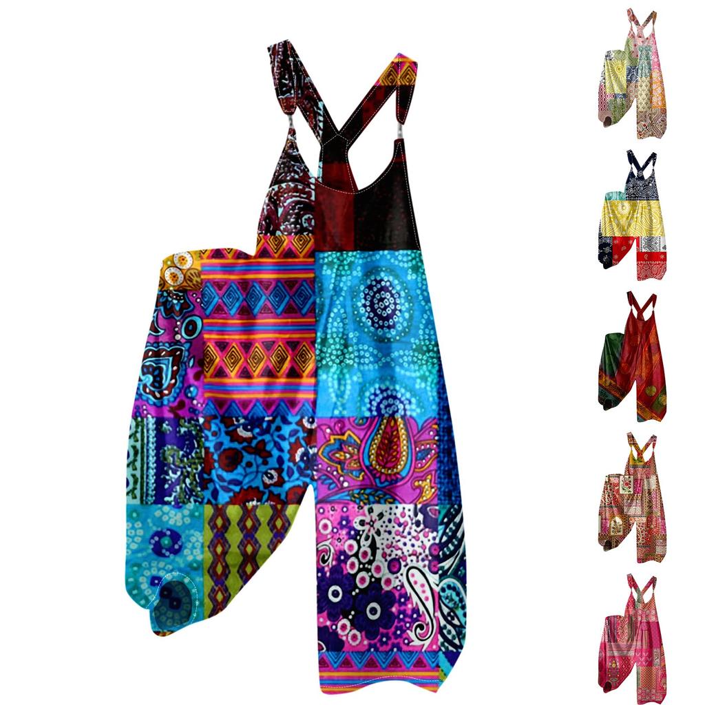 Women's Summer Overalls Floral Print Vintage Jumpsuit (Non-Adjustable Straps)