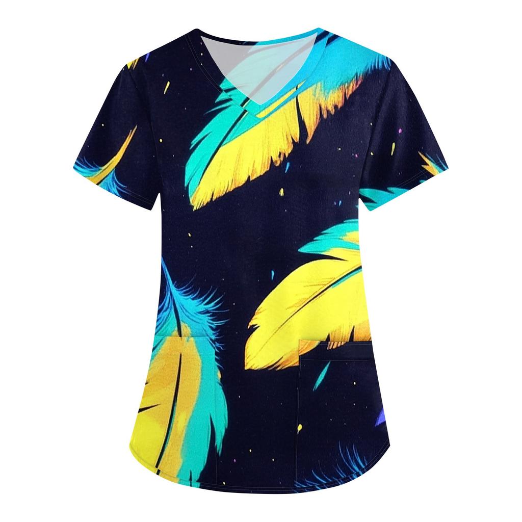 Женская карнавальная принтовая свободная униформа с V-образным вырезом и карманом с коротким рукавом