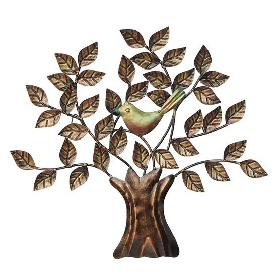 76 Cm Bird Sitting On Tree Wrought Iron Metal Hand Made Colourful Design Wall Hanging
