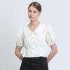 Leshop Women Collar Ribbon Shirred Sleeve Blouse Loose Fit