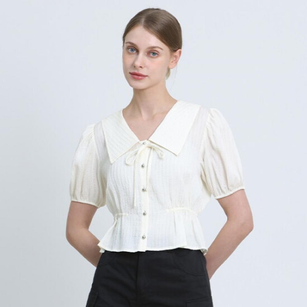 Leshop Women Collar Ribbon Shirred Sleeve Blouse Loose Fit