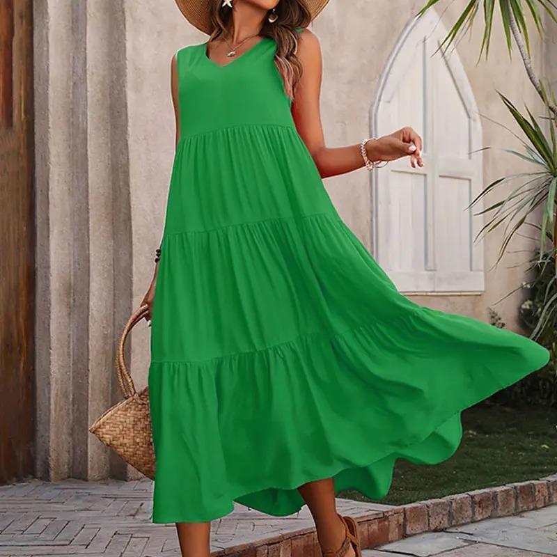 2025 Women Dress Summer Casual Vacation Holiday Beach Long Dresses V-neck Loose Elegant Yellow Black RUFFLES Dress Femme