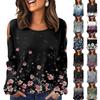 Women's Winter Oversized T-Shirt Fashionable Off-the-Shoulder Round Neck Vintage Floral Print Pullover Long-Sleeved Top