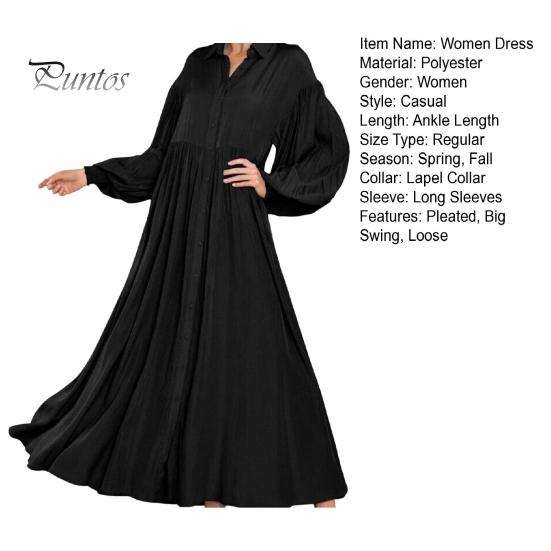 Осень-весна женское платье трапециевидной формы с отложным воротником, большие качели, плиссированные длинные рукава, однотонное однобортное свободное лоскутное платье макси