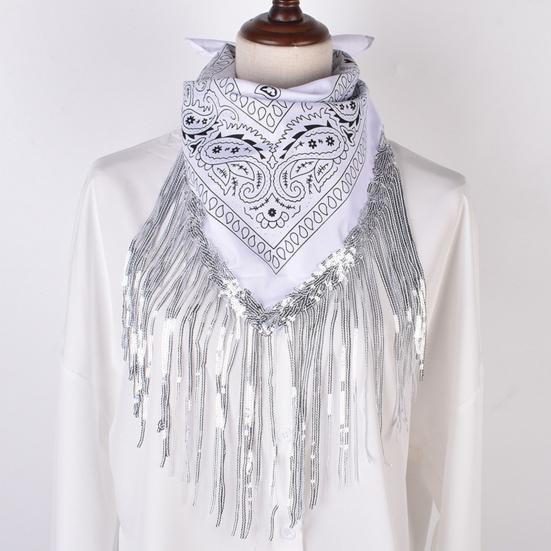 Sequins Scarf Exquisite Pattern Tassel Design Non-Fading Washable Quick Dry Decorative Polyester Women Beautiful Fringed Bandana Headscarf for Party