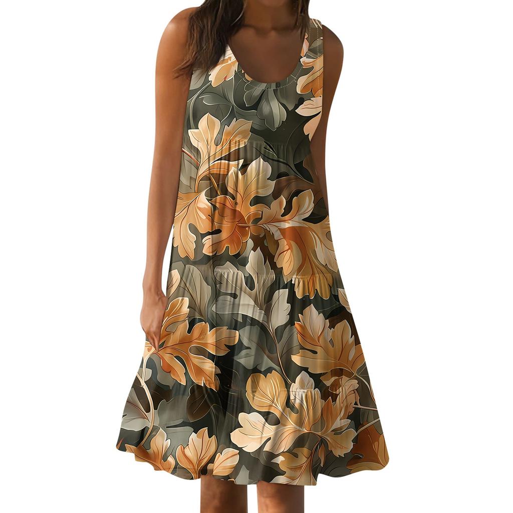 Hawaiian Dress For Women Summer Spring Pleated Bohemian Dresses Cute Sleeveless Flowing Beach Straight Tank Dresses Round Neck Dresses