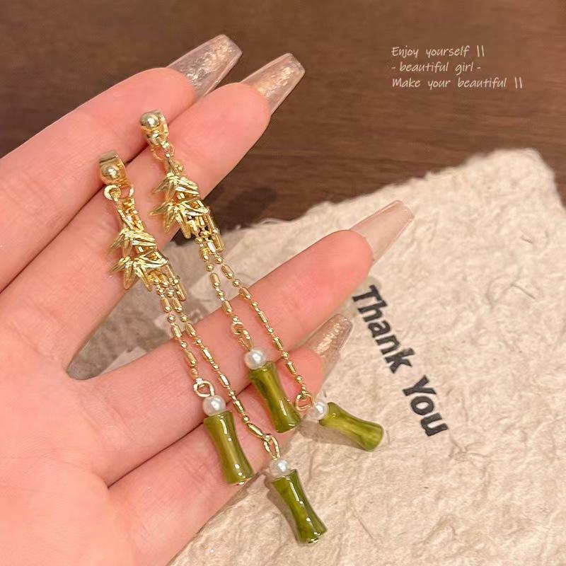 Chinese style olive green jade bamboo section fringed stud earrings niche design temperament Chinese antique long earrings