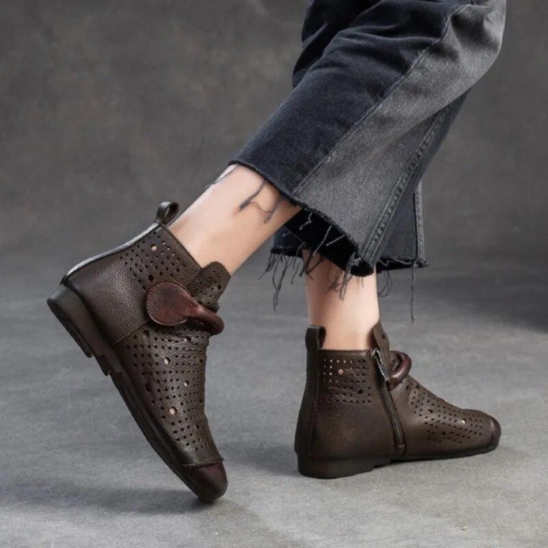 Johnature Genuine Leather Hollow-out Boots Retro Round Toe Breathable Sandals Versatile Women Flat Shoes
