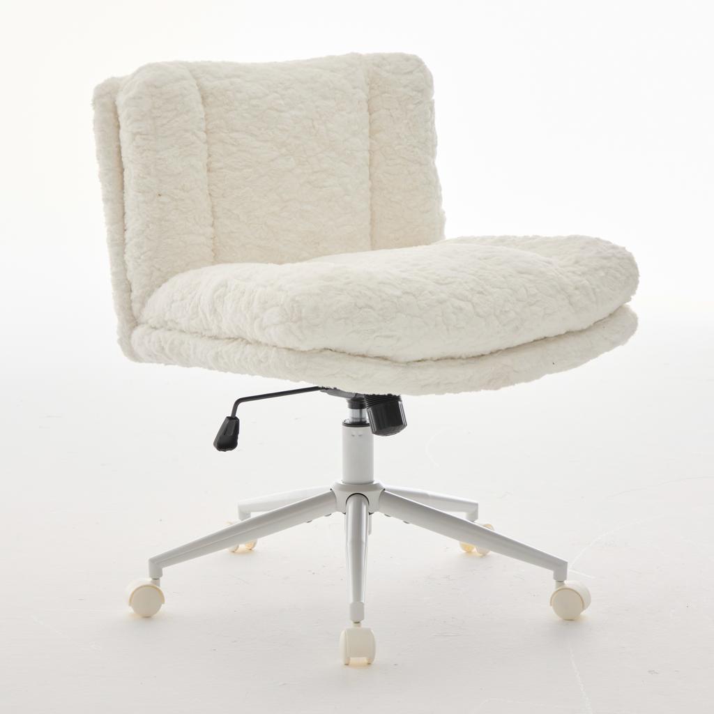 W26.4 inch Wider Seat Office Chair,Artificial rabbit hair Home Chair with Metal Base,Adjustable Desk Swivel Chair,Vanity Chair(Cream) ,DE1875CM