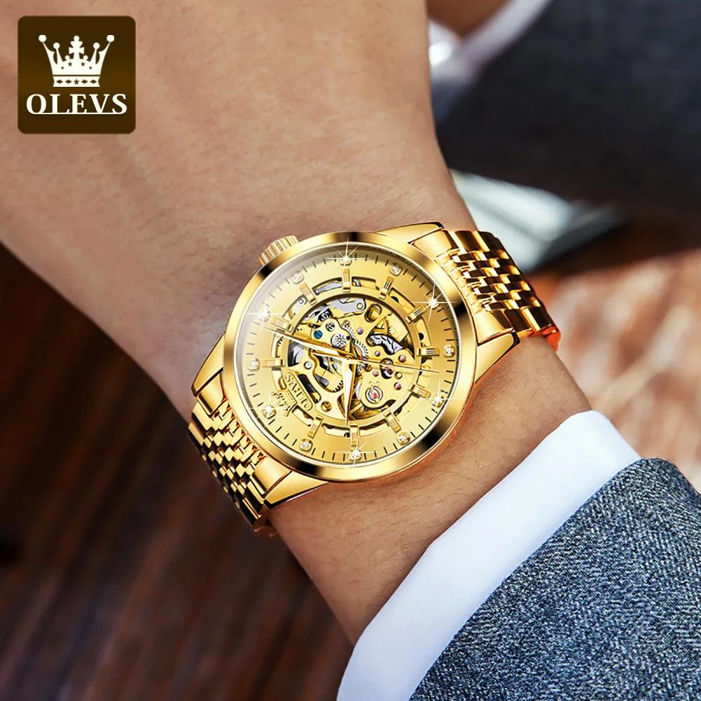 OLEVS Оригинальные мужские часы Golden Skeleton из прочной нержавеющей стали, водонепроницаемые, светящиеся, роскошные автоматические механические часы