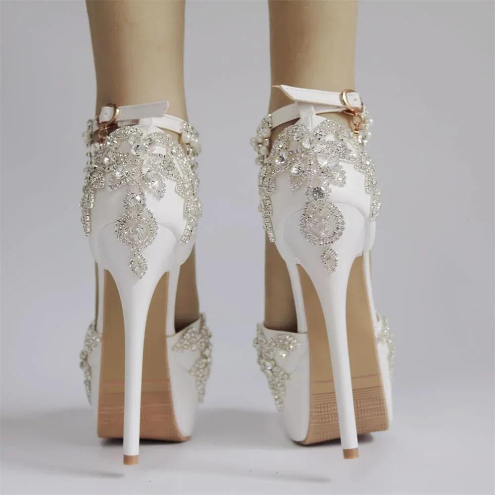 Мода 2025 Женские летние сандалии Белый круглый носок Свадебные женские туфли на высоком каблуке Платье Туфли Стразы Ремешки на щиколотке