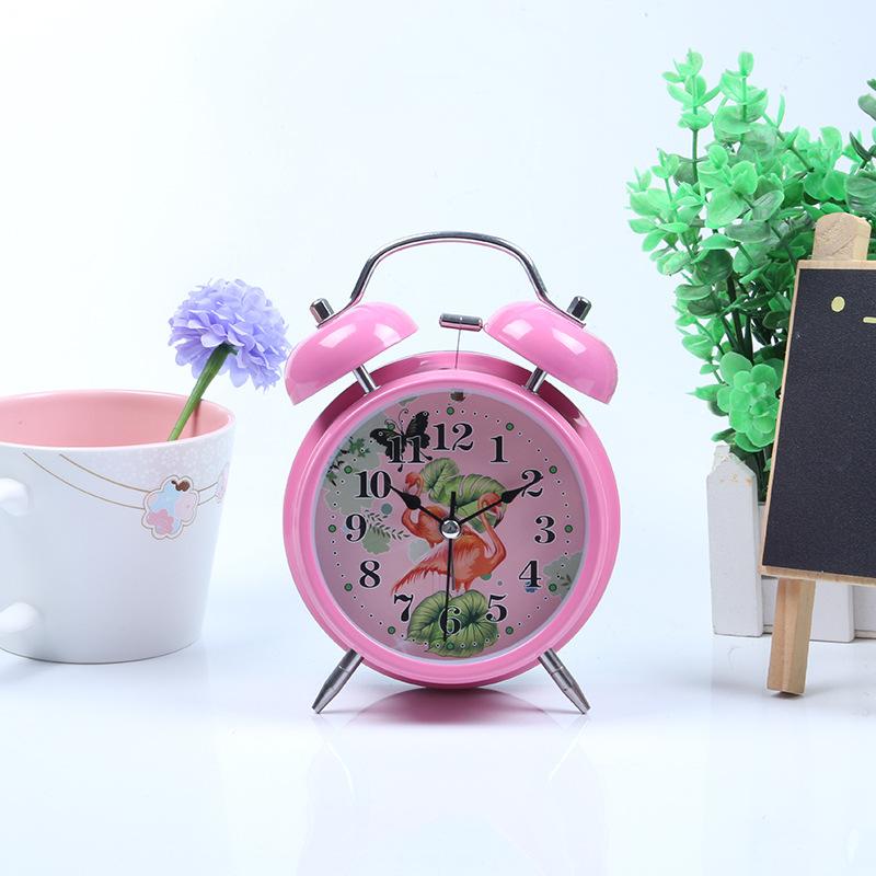 Metal spray paint cartoon bell alarm clock creative children primary school bedside night light double bell fashion alarm clock face