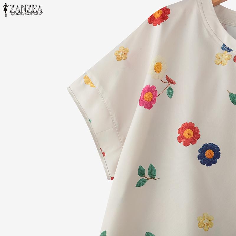 ZANZEA Женская повседневная блузка с круглым вырезом, цветочным принтом, летняя, с коротким рукавом