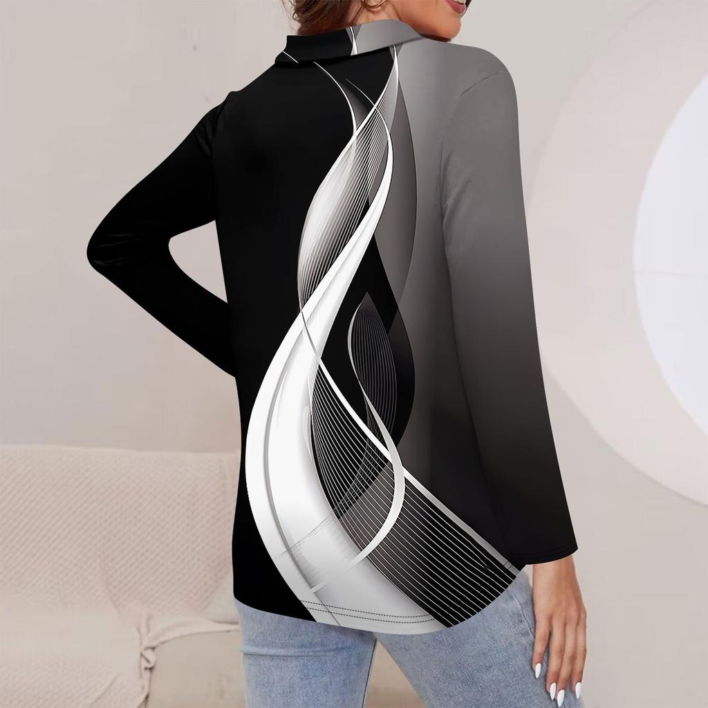 Женская весенняя и модная повседневная рубашка с принтом на молнии с V-образным вырезом и длинным рукавом