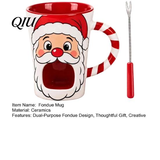 Christmas Exchange Present Santa Claus Ceramic Chocolate Fondue Mug with Forks, Melting Mug, Cheese Pot Tealight Candle Mini Simmer Cup for Party And