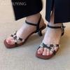 Summer Women High Heels Sandals Flower Crystal Square Toe Heeled Shoes 2025 New Designer Woman Slippers Luxury Pumps