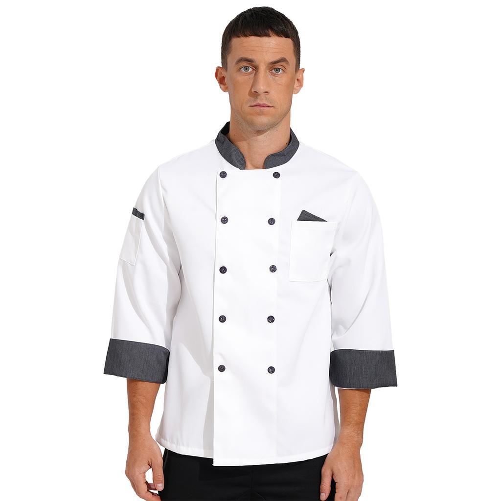 Unisex Double Breasted Chef Coat Long Sleeve Stand Collar Contrast Trim Cook Jacket for Restaurant Hotel Kitchen Staff