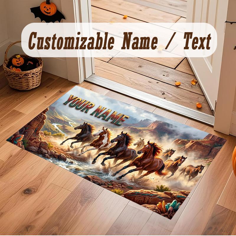 Horse Theme Soft Crystal Velvet Rug Custom Name & Text Print Non Slip Floor Rug for Bedroom Living Room