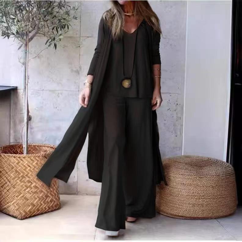 Женский повседневный длинный кардиган и топ-майка, свободные брюки, комплект из трех предметов