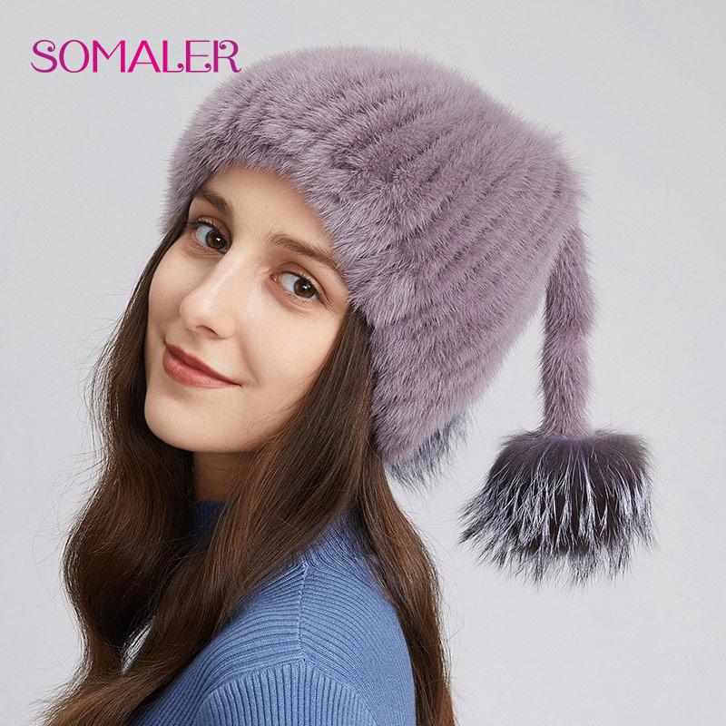 SOMALER Женские шапки из натурального норкового меха, вязаные меховые шапки-бини с тесьмой, зимние шапки из лисьего меха с помпоном и черепом