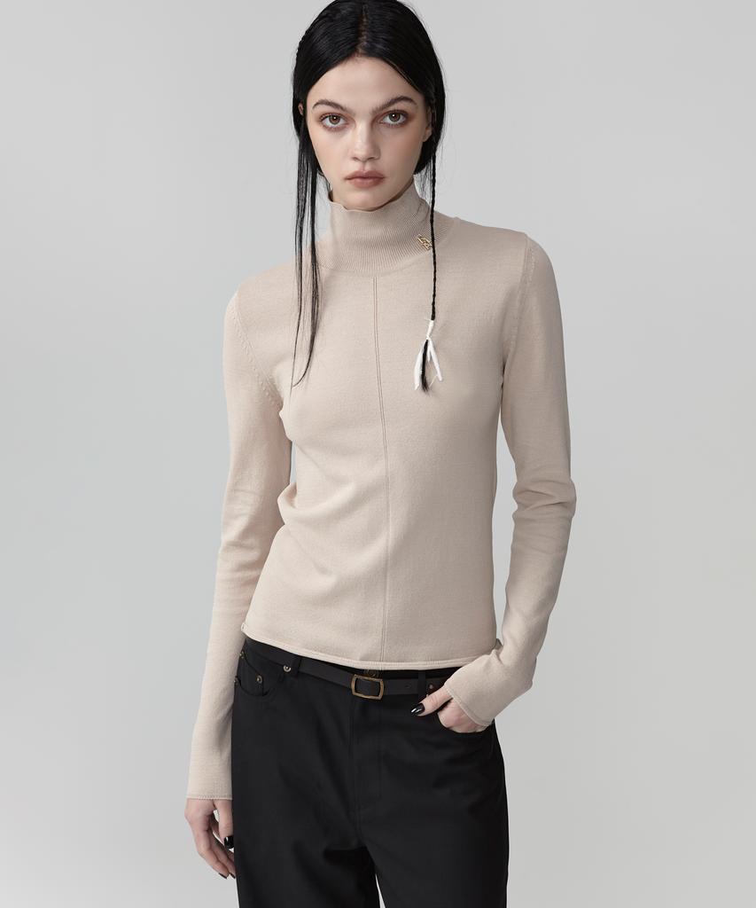 EAN JO Viscose Turtleneck Sheer Knit Top (Sand Beige)