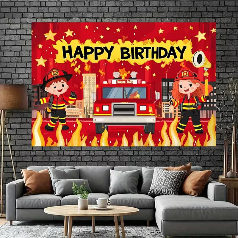 2D Cartoon Fire Truck Happy Birthday Photo Booth Background