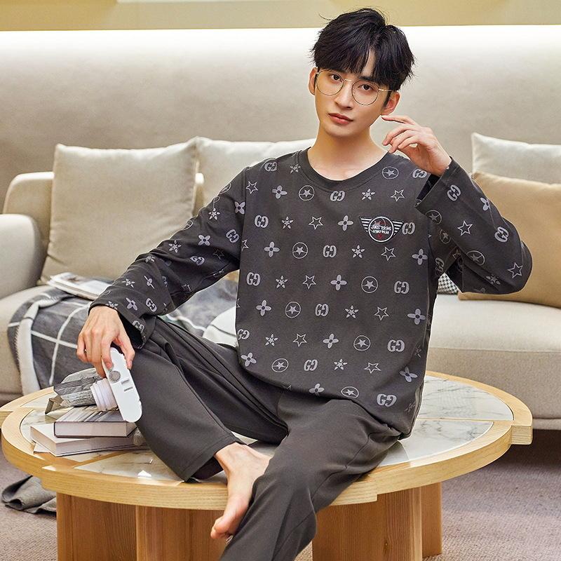 Пижамы мужские с длинным рукавом из хлопка весна и осень простой молодежный домашний костюм для отдыха можно носить