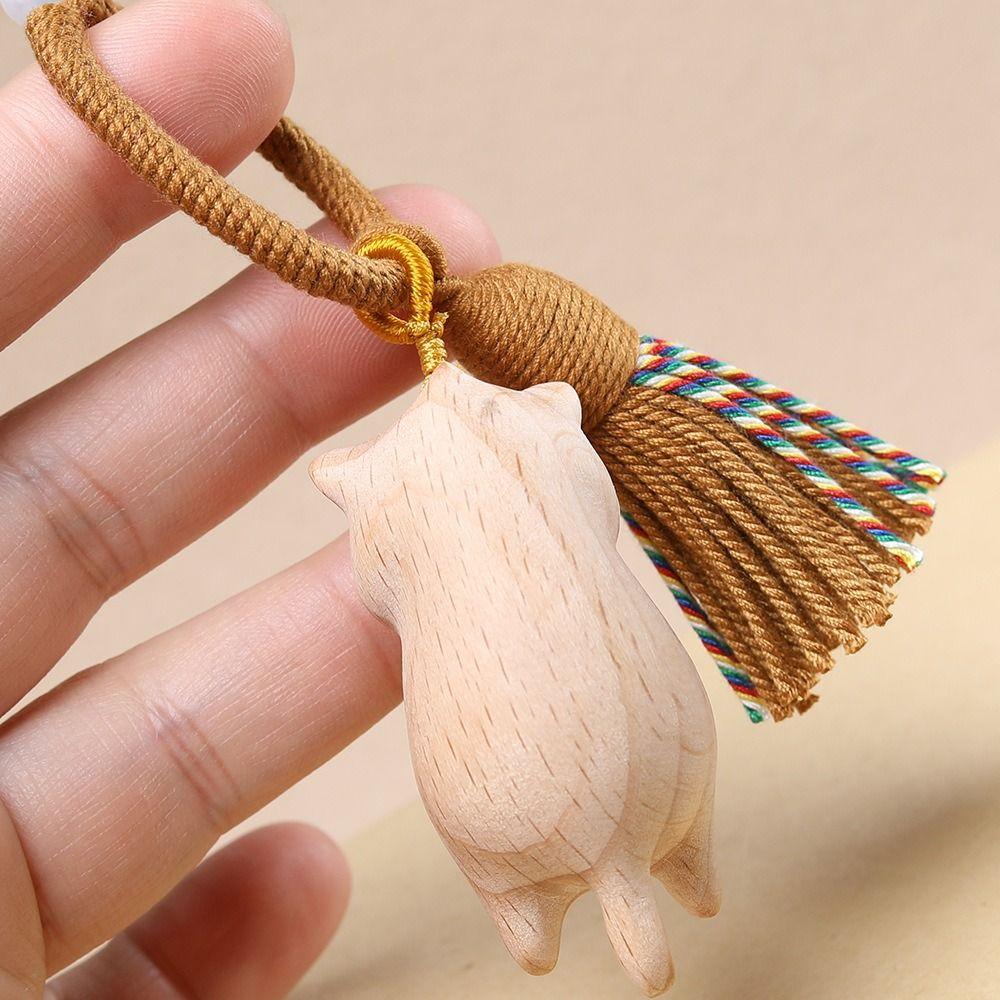 Beads Wooden Carved Cat Keychain Cartoon Animal Carved Cat Keyring  Students
