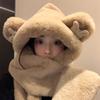 Bear Ears Hat Scarf Integrated Women's Winter Cute Plush Thickened Warm Scarf Gloves Three-piece Set