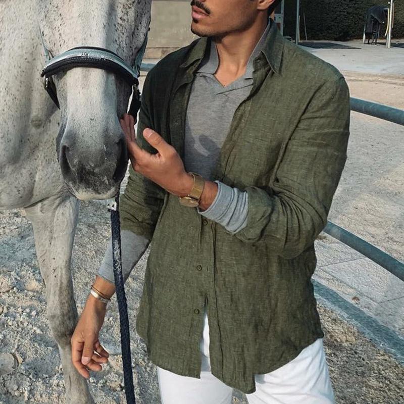 Мужская весенняя однотонная рубашка свободного покроя из хлопка и льна с длинными рукавами, молодежная дышащая блузка с лацканами