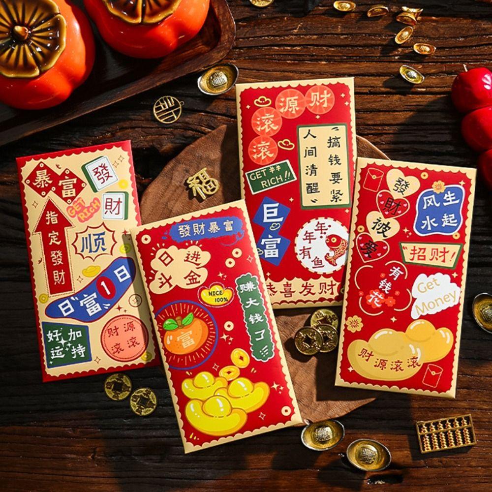 6PCS Red Pocket Luck Money Envelopes Vintage Money Pocket New Year Red Envelope Spring Festival