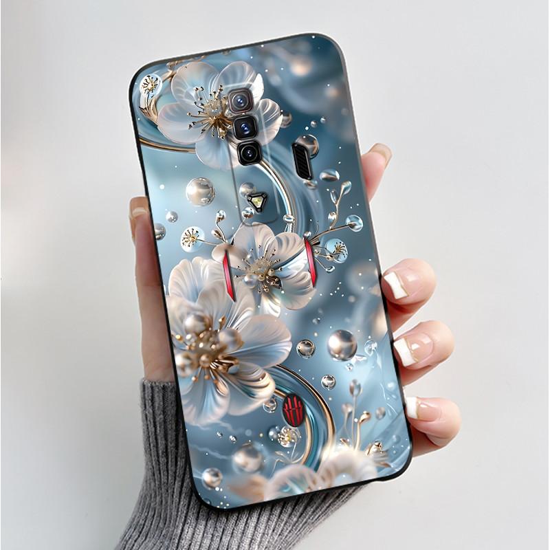 Pattern Case For ZTE Nubia RedMagic 7 5G Funda For Nubia RedMagic 7S 5G Soft Silicone Black Shell Cute Flower Cartoon Capa Cover