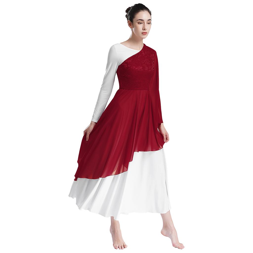 Женская туника для выступлений Worship с цветочным кружевным пэчворком, на одно плечо, с расклешенным рукавом, асимметричным подолом, танцевальное платье