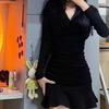 High Waist Women's Hip Hugging Skirt Pleated Y2k Slim Fit Dress Sweet Long Sleeve Dress  Club