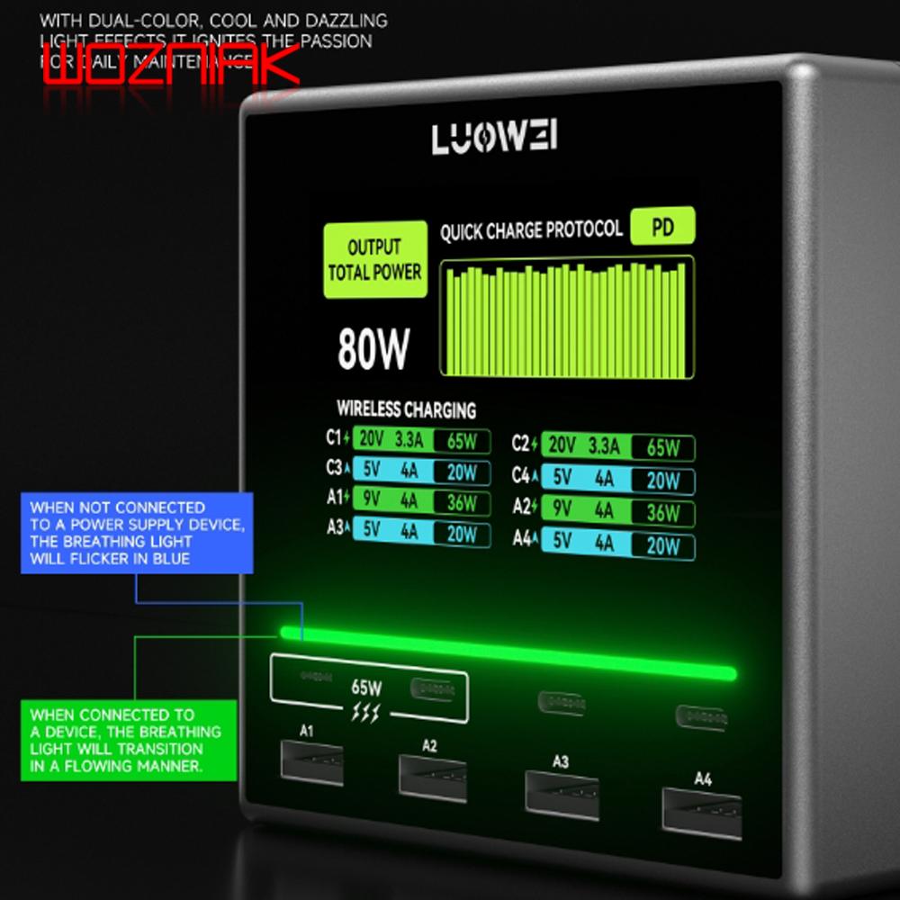 LUOWEI U1 MINI 80 Вт Станция настольной зарядки Raptor Быстрая зарядка 8 USB-портов одновременно Модный двухцветный окружающий свет