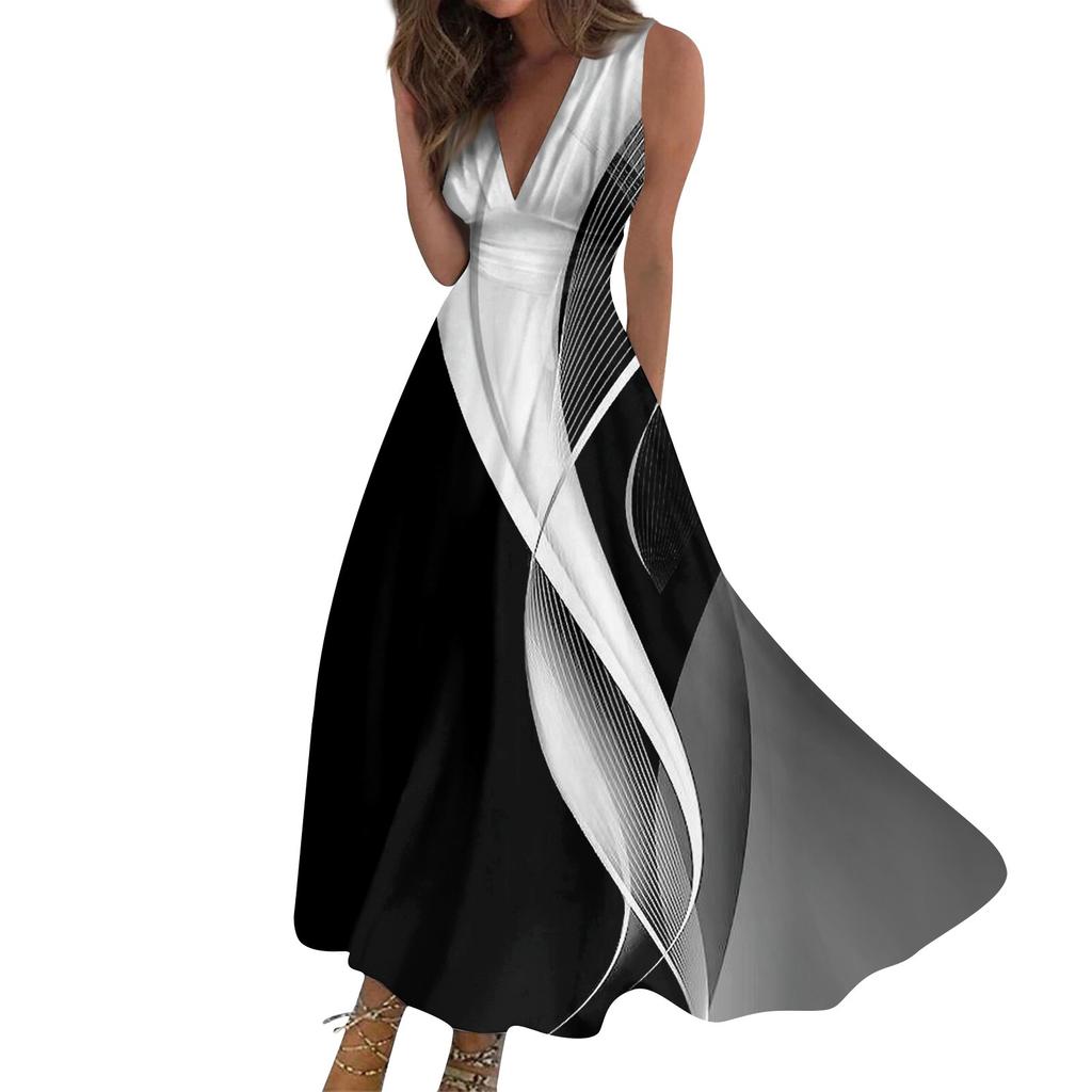Женское длинное платье Платье макси Повседневное платье Свободное платье Платье трапециевидной формы Модная уличная одежда Платье без рукавов с v-образным вырезом и принтом даты