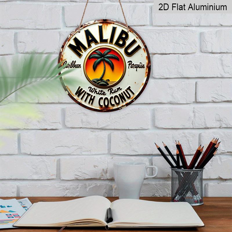 [Tropical Rum Sign]2D Flat, 1pc Tropical Caribbean Rum & Coconut Metal Wall Sign - Round Durable Aluminum Beach Art with Palm Trees & Parrot for Bar