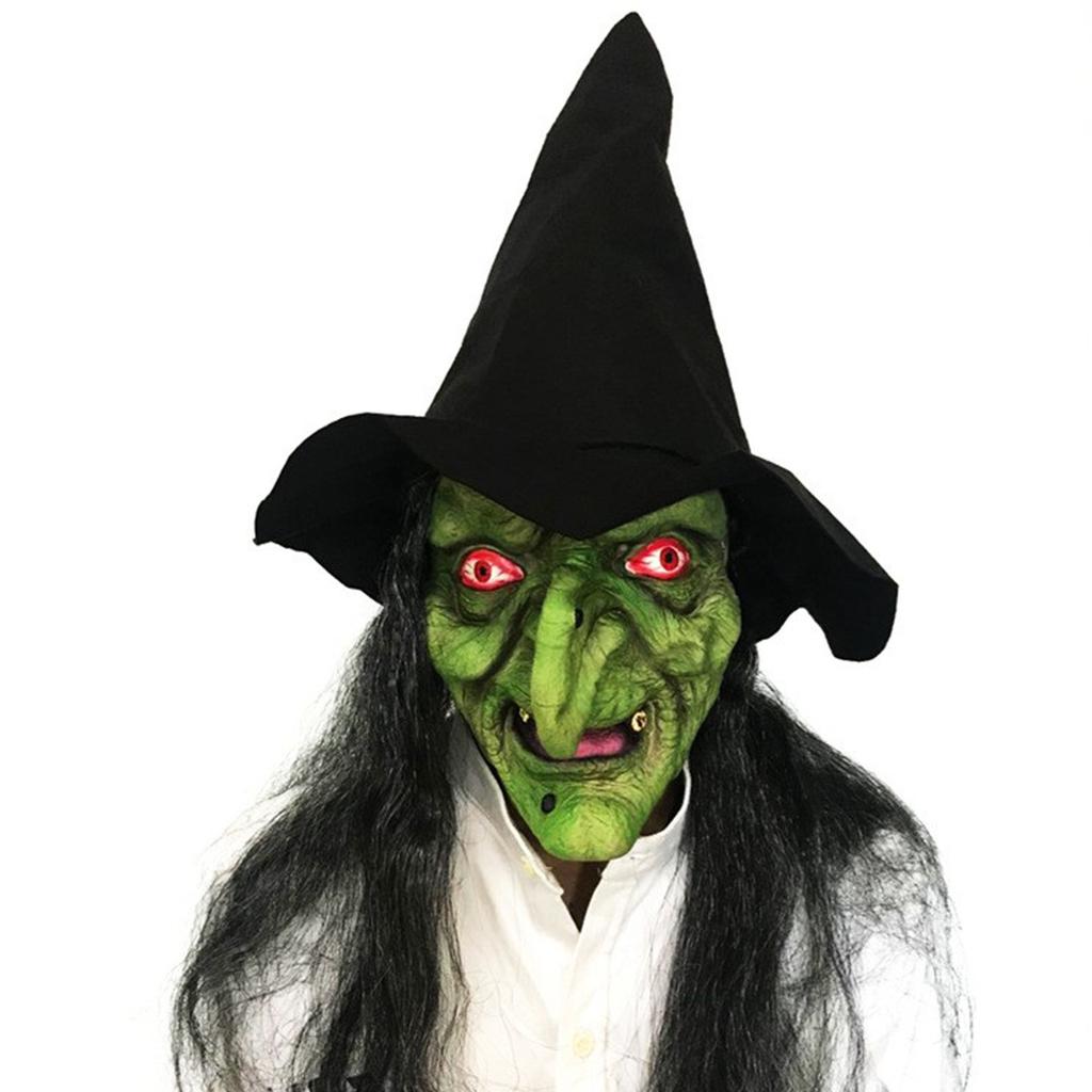 Halloween Long Hair  Face Mask Horror Witch Mask Scary Latex Head With Hat Dance Performance Props