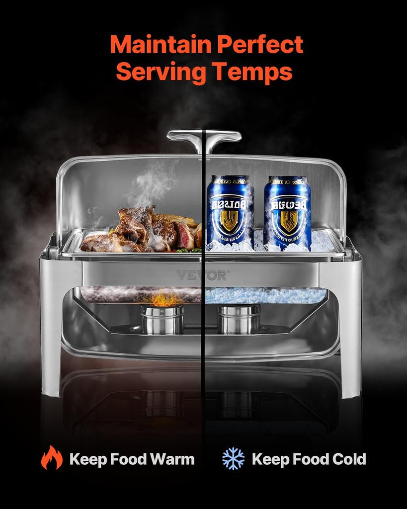 VEVOR Roll Top Chafing Dish Buffet Complete Set, 9Qt Stainless Steel Chafer with Full Size Pan