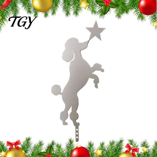 Decorative Dog Ornament Standing Poodle Christmas Tree Topper, Silver Silhouette Durable Metal Decoration, Secure Star Topper Plug-in Rod Easy