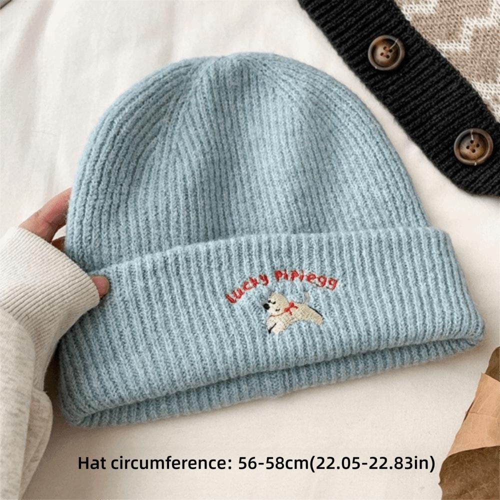 Cute Puppy Embroidery Winter Knitted Hat Thicken Winter Warm Beanie Cap Windproof Soft Crochet Bonnet Hat