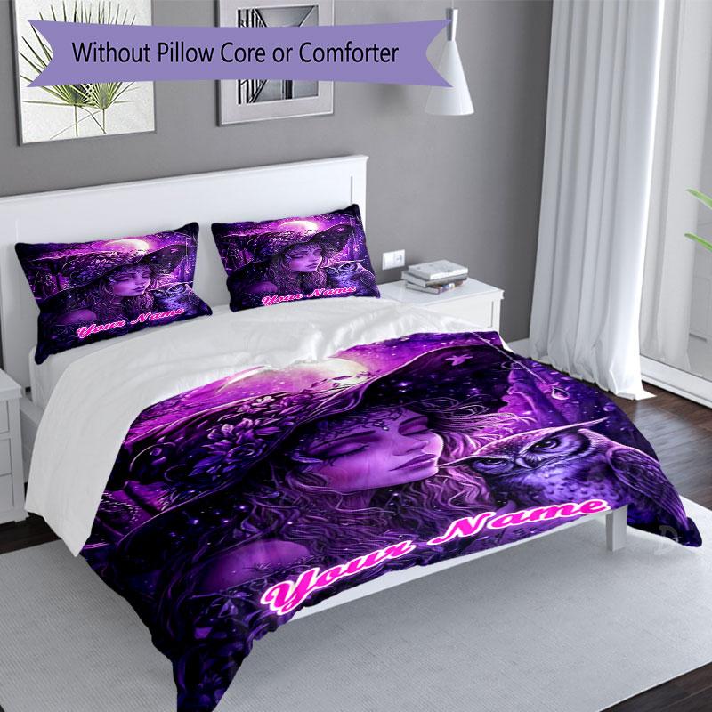 3pcs Custom Name Moonlit Witch's Dream Bedding Set Printed Bedding Set Duvet Cover Closure Includes 1 Duvet Cover & 2 Pillowcases Bedroom Decor