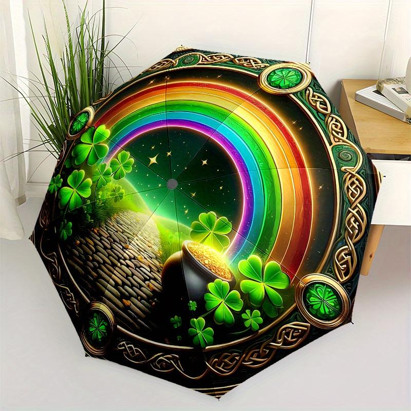 Irish Luck Pot of Gold St. Patrick's Day Decorations Rainbow Clover Wall Art Umbrella, Cute Umbrella with Cute Design, Portable 3-Fold Compact Umbrell