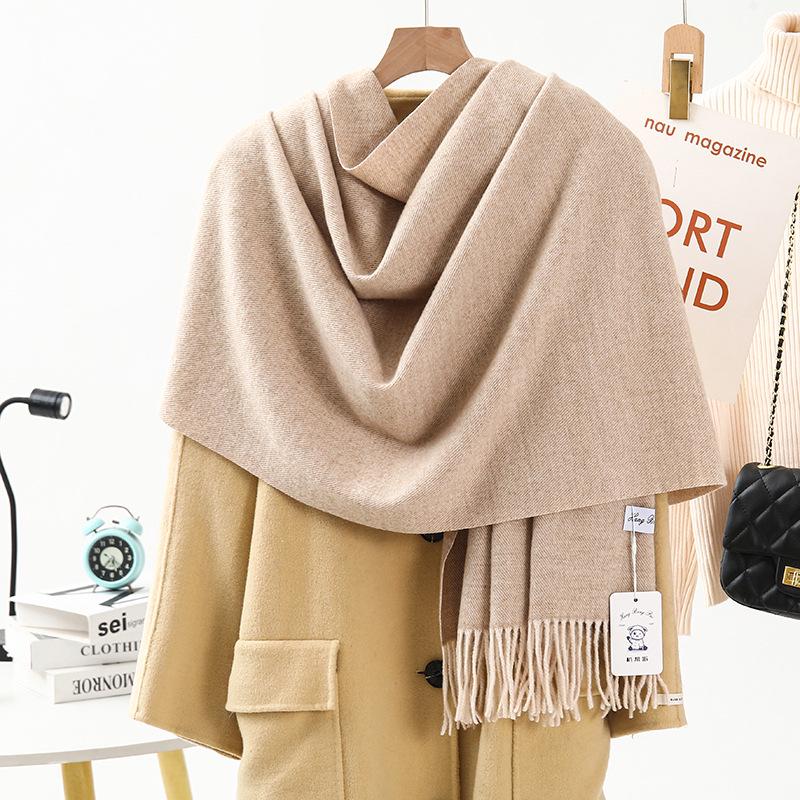 Women's Warm Wool-Feel Faux Cashmere Scarf - Thick, Plain Color Shawl for Autumn/Winter