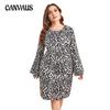Весенне-осеннее женское платье с леопардовым принтом, расклешенными рукавами, круглым вырезом, длинными рукавами, платья больших размеров