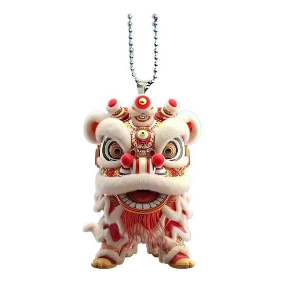 Yousheng Car Pendant with Metal Chain Lion Dance Design Plush Fabric Car Charm Keychain Bag Accessory Good Fortune Decoration