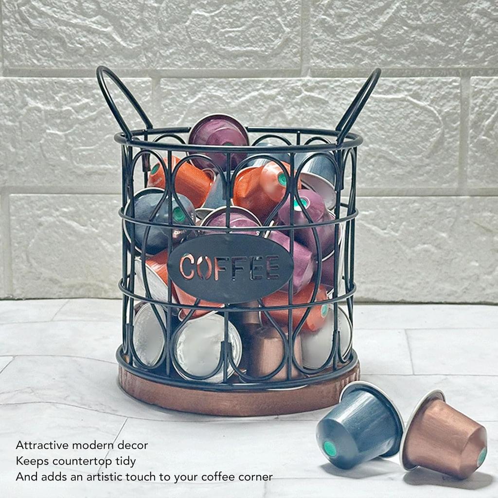 Coffee Pod Basket, Decorative Round Wire Capsule Holder with Wooden Base, Proof Metal Construction, Weighted Base, For Cafe Kitchen (Black)