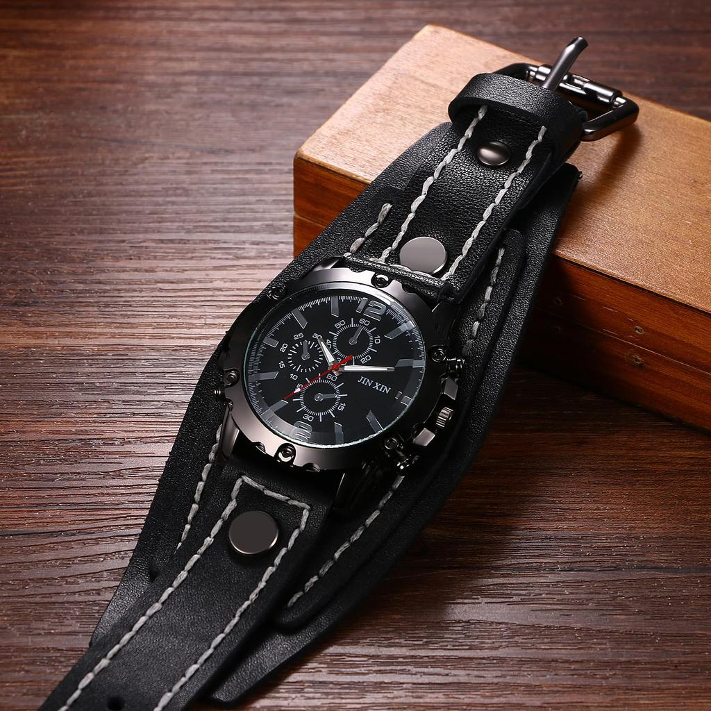 JEWELRYWE Мужские Рок Панк Браслет Часы Кожаный Ремешок Аналоговые Водонепроницаемые Широкий Ремешок Кварцевые Модный Аксессуар Подарок