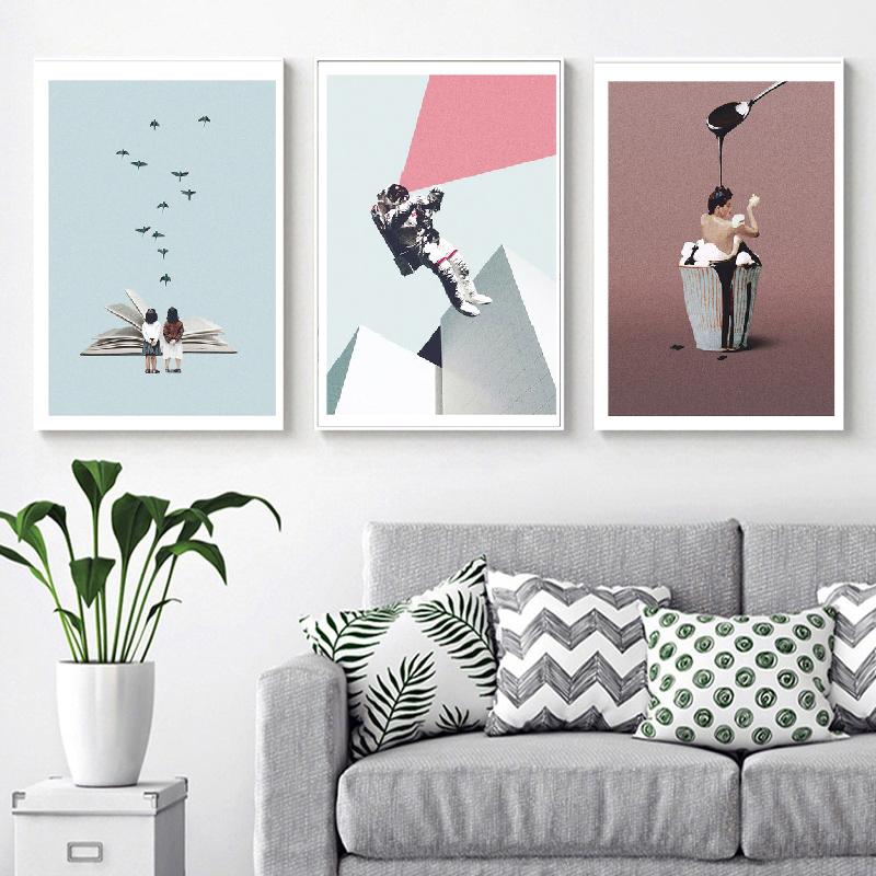 Абстрактный астронавт скандинавский воздушный шар кофе птицы пустынный дым плакат стены книги по искусству печать холст живопись Декор фотографии для гостиной